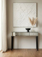 Mirrored Console Table with Black Finish Wooden Legs and Crystal Drawer Knobs | Gabriella