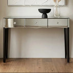 Mirrored Console Table with Black Finish Wooden Legs and Crystal Drawer Knobs | Gabriella