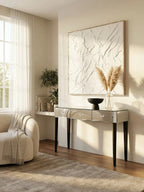 Mirrored Console Table with Black Finish Wooden Legs and Crystal Drawer Knobs | Gabriella