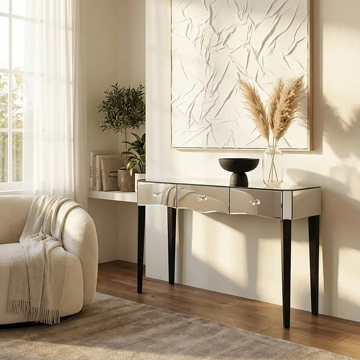 Mirrored Console Table with Black Finish Wooden Legs and Crystal Drawer Knobs | Gabriella