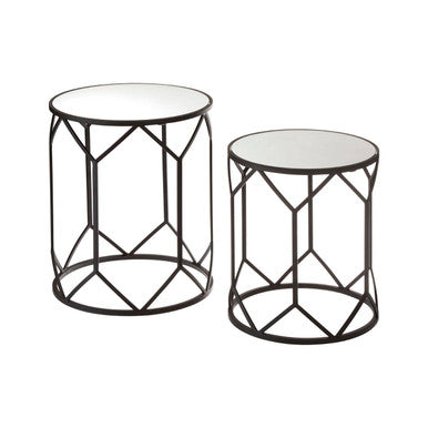 Set of 2 Black Geometric Metal Side Tables with Mirrored Glass Tops | Avantis