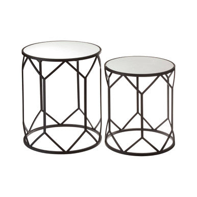 Set of 2 Black Geometric Metal Side Tables with Mirrored Glass Tops | Avantis