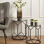 Set of 2 Black Geometric Metal Side Tables with Mirrored Glass Tops | Avantis