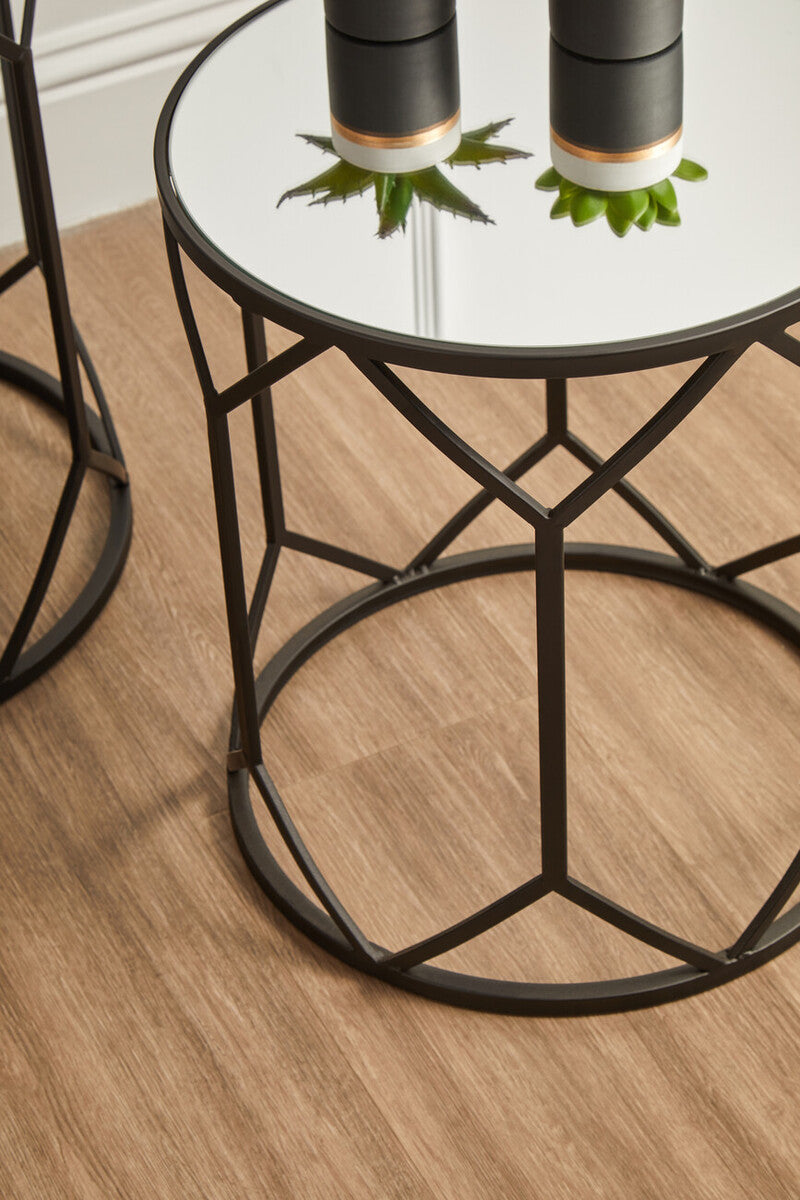 Set of 2 Black Geometric Metal Side Tables with Mirrored Glass Tops | Avantis