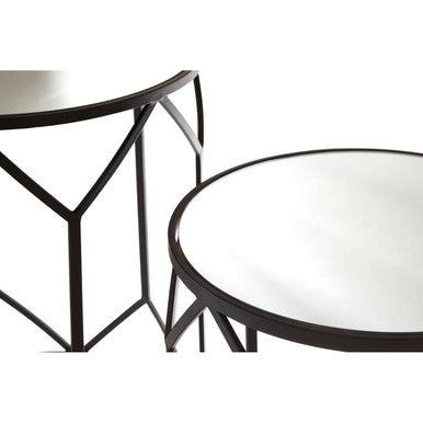 Set of 2 Black Geometric Metal Side Tables with Mirrored Glass Tops | Avantis