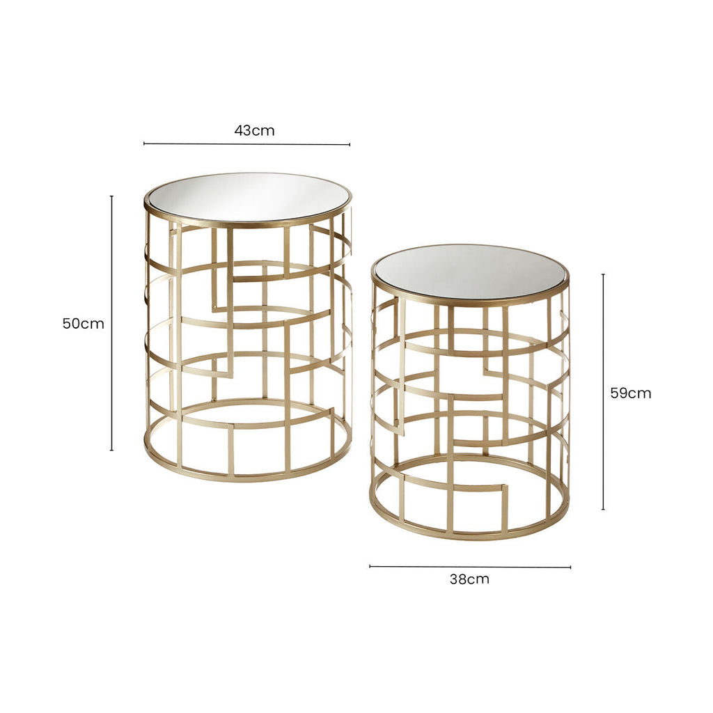 Set of 2 Gold Champagne Finish Art Deco Metal Base Side Tables with Mirrored Glass Tops | Avantis