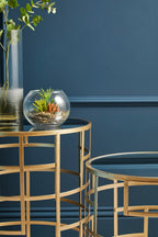 Set of 2 Gold Champagne Finish Art Deco Metal Base Side Tables with Mirrored Glass Tops | Avantis