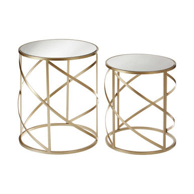 Set of 2 Gold Champagne Finish Flowing Swirl Metal Frame Side Tables with Mirrored Glass Tops | Avantis