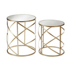Set of 2 Gold Champagne Finish Flowing Swirl Metal Frame Side Tables with Mirrored Glass Tops | Avantis