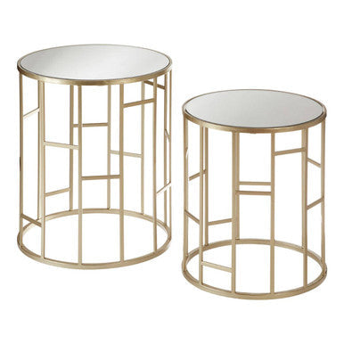 Set of 2 Gold Champagne Finish Asymmetric Round Side Tables with Mirrored Glass Tops | Avantis