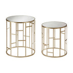 Set of 2 Gold Champagne Finish Asymmetric Round Side Tables with Mirrored Glass Tops | Avantis