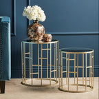Set of 2 Gold Champagne Finish Asymmetric Round Side Tables with Mirrored Glass Tops | Avantis