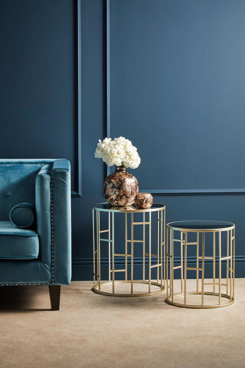 Set of 2 Gold Champagne Finish Asymmetric Round Side Tables with Mirrored Glass Tops | Avantis