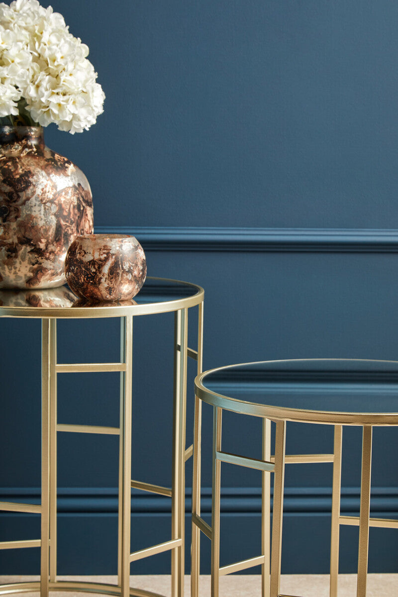 Set of 2 Gold Champagne Finish Asymmetric Round Side Tables with Mirrored Glass Tops | Avantis