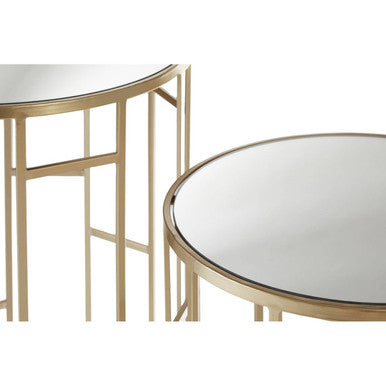 Set of 2 Gold Champagne Finish Asymmetric Round Side Tables with Mirrored Glass Tops | Avantis