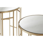 Set of 2 Gold Champagne Finish Asymmetric Round Side Tables with Mirrored Glass Tops | Avantis