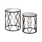 Set of 2 Black Metal Base Side Tables with Arabesque Detailing and Mirrored Glass Tops | Avantis