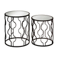 Set of 2 Black Metal Base Side Tables with Arabesque Detailing and Mirrored Glass Tops | Avantis