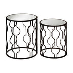 Set of 2 Black Metal Base Side Tables with Arabesque Detailing and Mirrored Glass Tops | Avantis