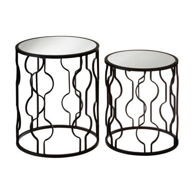 Set of 2 Black Metal Base Side Tables with Arabesque Detailing and Mirrored Glass Tops | Avantis