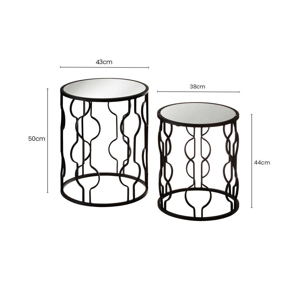 Set of 2 Black Metal Base Side Tables with Arabesque Detailing and Mirrored Glass Tops | Avantis