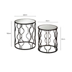 Set of 2 Black Metal Base Side Tables with Arabesque Detailing and Mirrored Glass Tops | Avantis