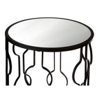 Set of 2 Black Metal Base Side Tables with Arabesque Detailing and Mirrored Glass Tops | Avantis