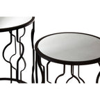 Set of 2 Black Metal Base Side Tables with Arabesque Detailing and Mirrored Glass Tops | Avantis