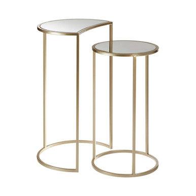 Set of 2 Art Deco Gold Champagne Finish Base Nesting Side Tables with Mirrored Glass Tops, Avantis