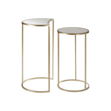 Set of 2 Art Deco Gold Champagne Finish Base Nesting Side Tables with Mirrored Glass Tops, Avantis
