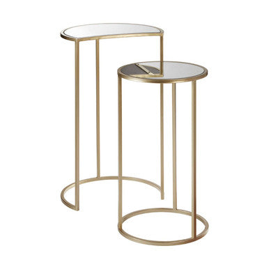 Set of 2 Art Deco Gold Champagne Finish Base Nesting Side Tables with Mirrored Glass Tops, Avantis