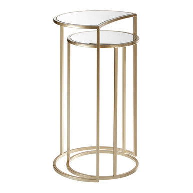 Set of 2 Art Deco Gold Champagne Finish Base Nesting Side Tables with Mirrored Glass Tops, Avantis