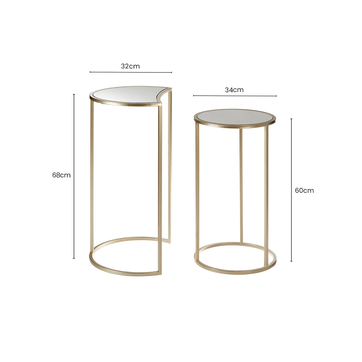 Set of 2 Art Deco Gold Champagne Finish Base Nesting Side Tables with Mirrored Glass Tops | Avantis