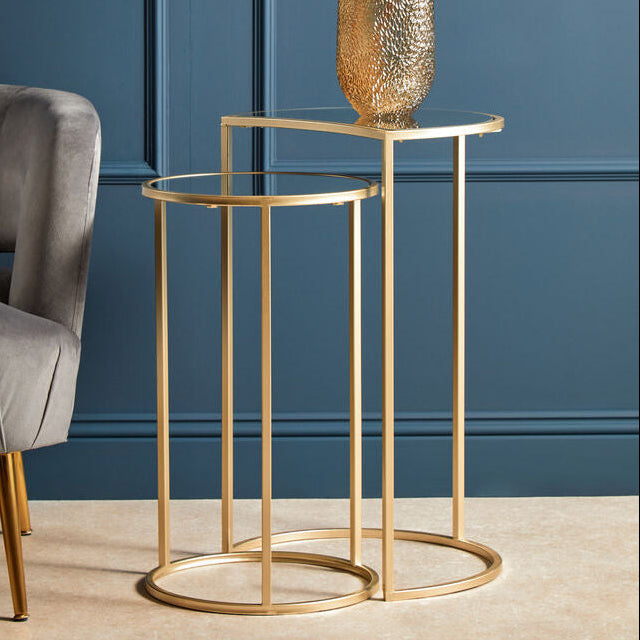 Set of 2 Art Deco Gold Champagne Finish Base Nesting Side Tables with Mirrored Glass Tops, Avantis
