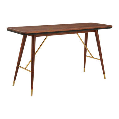 Dark Walnut Console Table with Genuine Leather Trim and Brass Finish Legs, Kenso