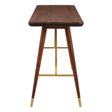 Dark Walnut Console Table with Genuine Leather Trim and Brass Finish Legs, Kenso