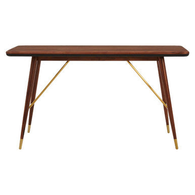 Dark Walnut Console Table with Genuine Leather Trim and Brass Finish Legs, Kenso