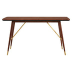 Dark Walnut Console Table with Genuine Leather Trim and Brass Finish Legs, Kenso
