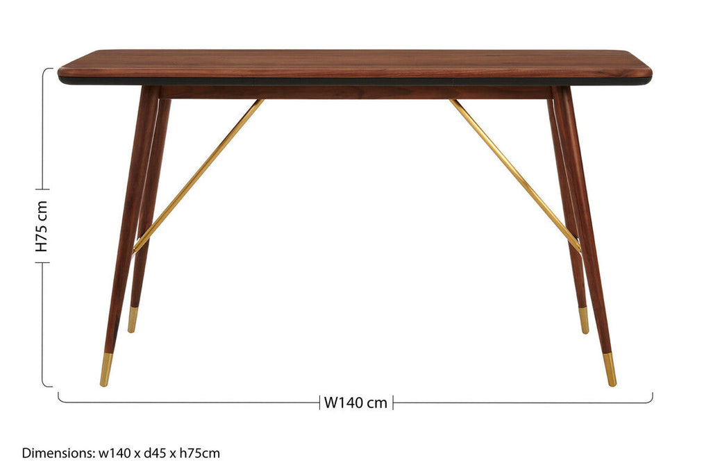 Dark Walnut Console Table with Genuine Leather Trim and Brass Finish Legs, Kenso