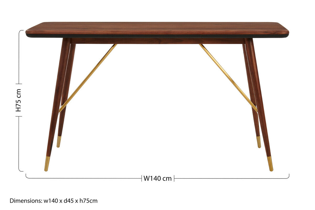 Dark Walnut Console Table with Genuine Leather Trim and Brass Finish Legs, Kenso