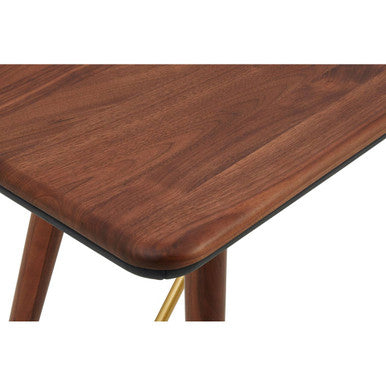 Dark Walnut Console Table with Genuine Leather Trim and Brass Finish Legs, Kenso