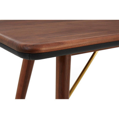 Dark Walnut Console Table with Genuine Leather Trim and Brass Finish Legs, Kenso