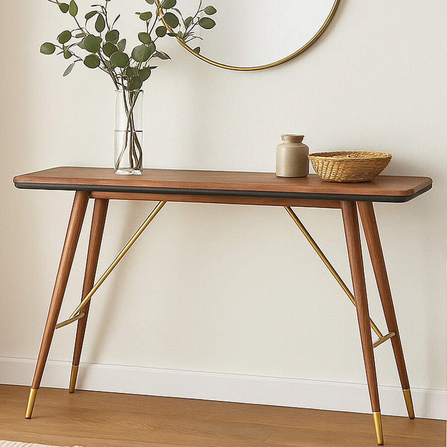 Dark Walnut Console Table with Genuine Leather Trim and Brass Finish Legs, Kenso