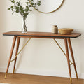 Dark Walnut Console Table with Genuine Leather Trim and Brass Finish Legs, Kenso