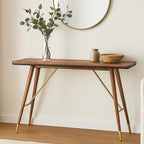 Dark Walnut Console Table with Genuine Leather Trim and Brass Finish Legs, Kenso