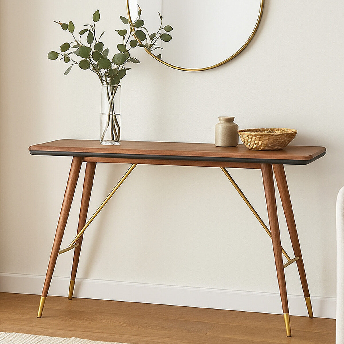 Dark Walnut Console Table with Genuine Leather Trim and Brass Finish Legs, Kenso