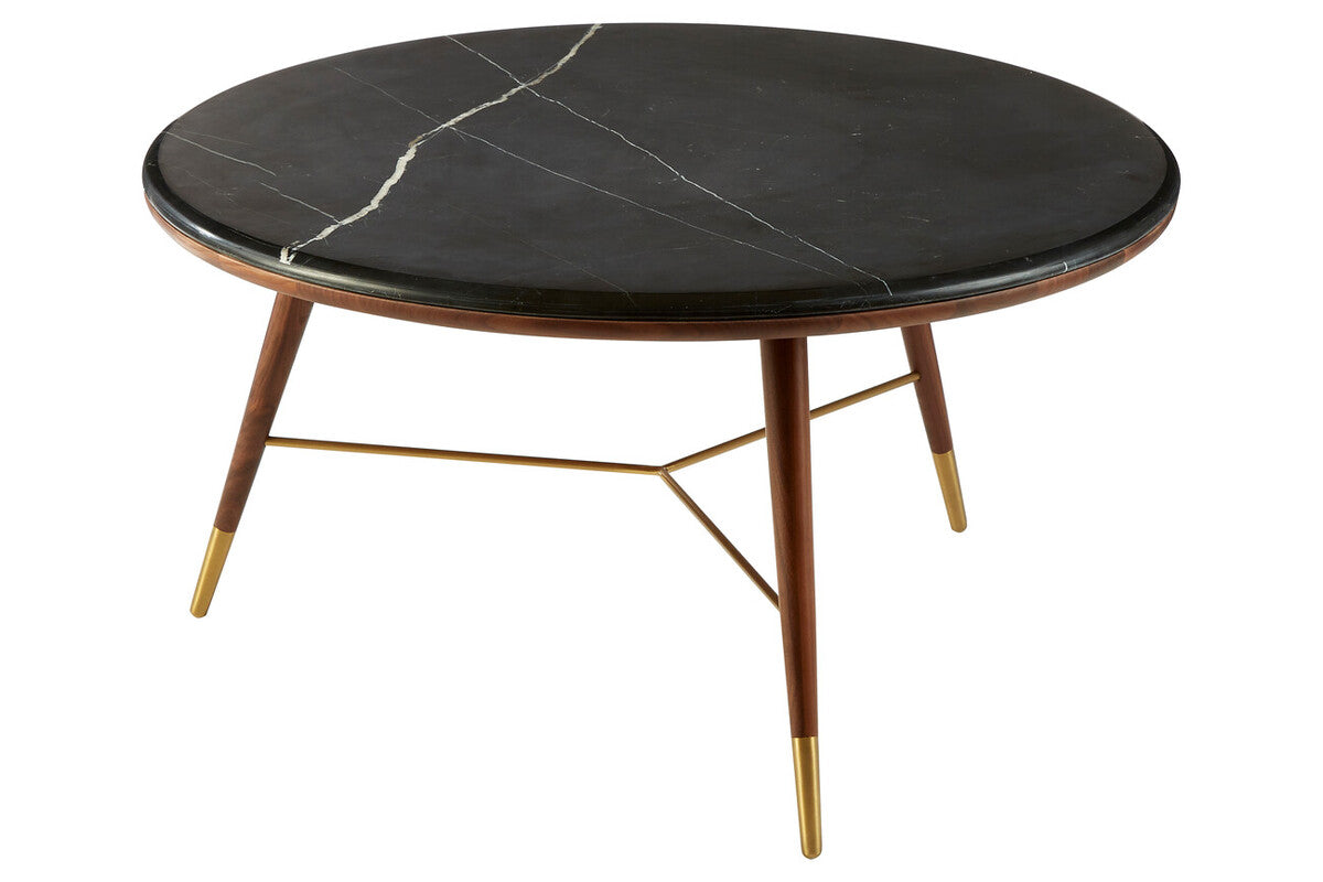 Marble Top Round Coffee Table with Walnut Wood Frame in Natural Finish | Kenso