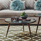 Marble Top Round Coffee Table with Walnut Wood Frame in Natural Finish | Kenso