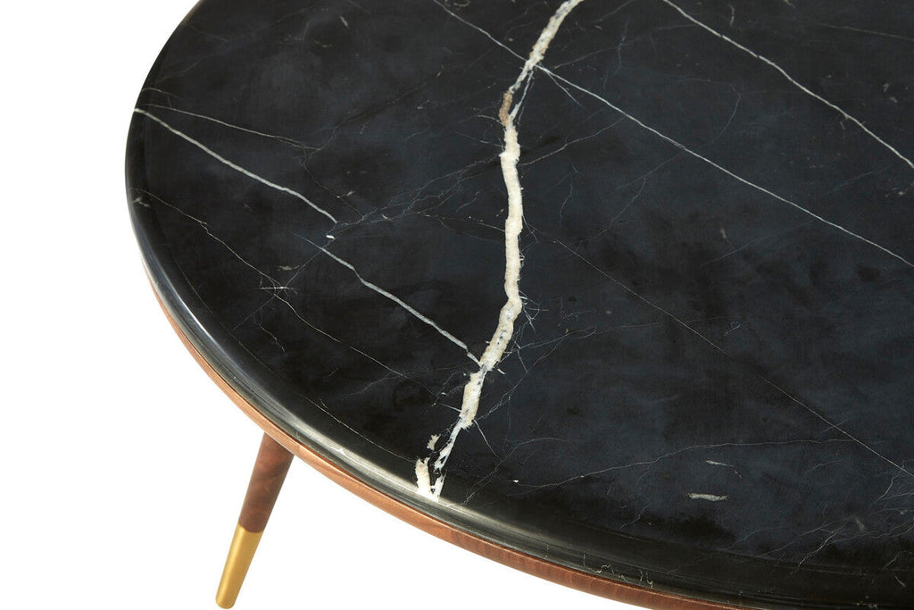 Marble Top Round Coffee Table with Walnut Wood Frame in Natural Finish | Kenso