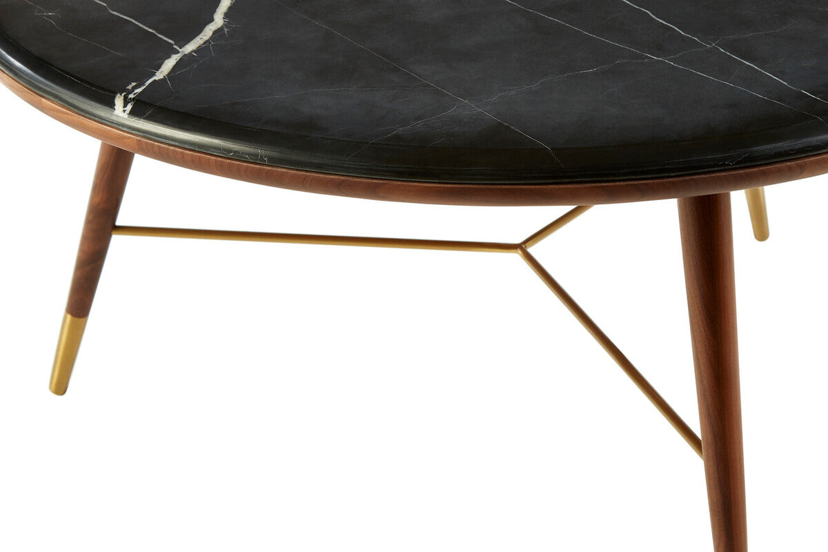 Marble Top Round Coffee Table with Walnut Wood Frame in Natural Finish | Kenso